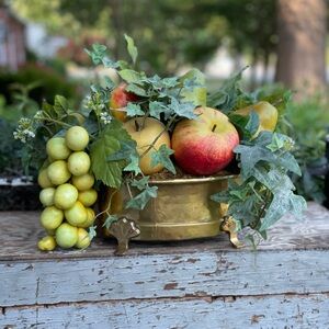 Vintage Hammered Brass planter faux fruit & leaves French Country cottage decor